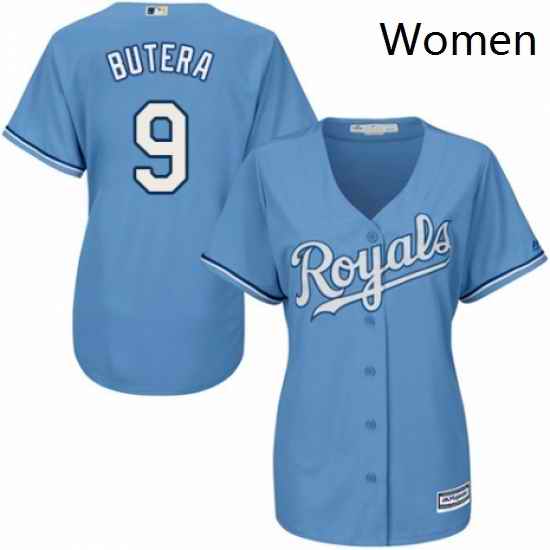 Womens Majestic Kansas City Royals 9 Drew Butera Replica Light Blue Alternate 1 Cool Base MLB Jersey